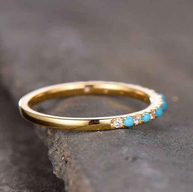 Turquoise & Diamond Full Micro Pavé 14K Solid Gold Eternity Band Ring Real Turquoise Diamonds Stackable Dainty Stacking Band Stack Ring