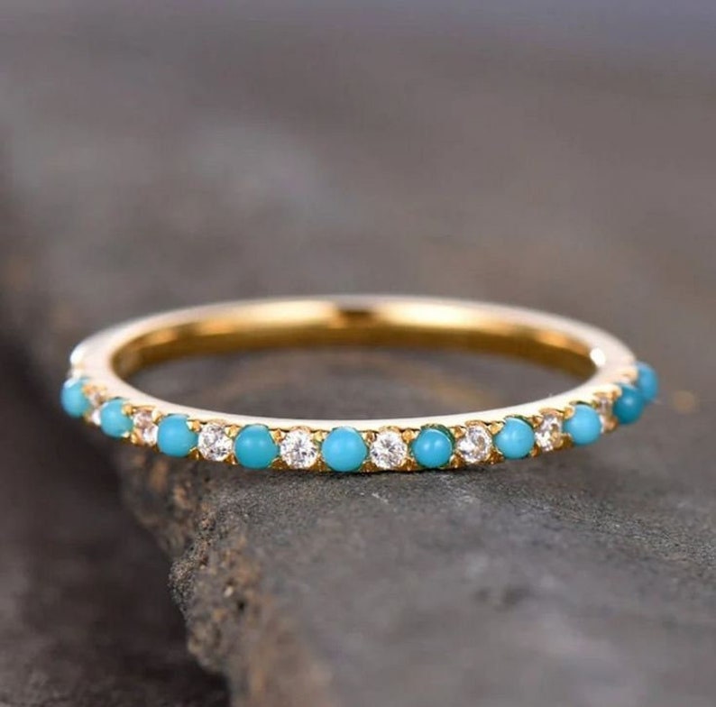 Turquoise & Diamond Full Micro Pavé 14K Solid Gold Eternity Band Ring Real Turquoise Diamonds Stackable Dainty Stacking Band Stack Ring