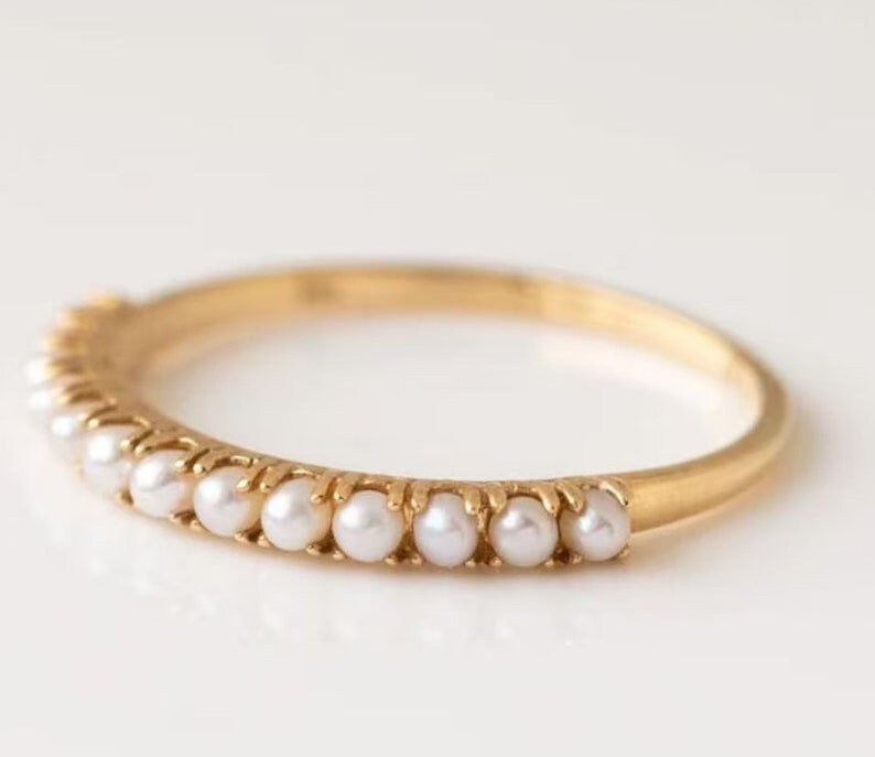 Elegant 14k Gold Pearl Ring - Perfect Christmas Gift for Mom - Timeless Pearl Stacking Band - \Delicate Pearl Eternity Band Ring