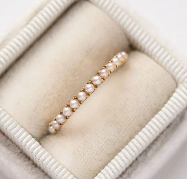 Elegant 14k Gold Pearl Ring - Perfect Christmas Gift for Mom - Timeless Pearl Stacking Band - \Delicate Pearl Eternity Band Ring