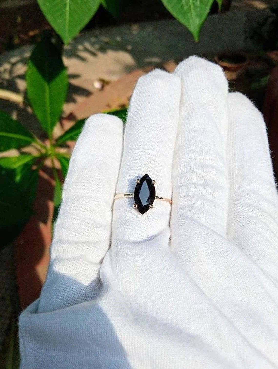 Timeless Elegance: Marquise Cut Black Onyx Diamond Ring in 925 Silver and Rose Gold, Vintage Glamour Black Onyx Engagement Ring