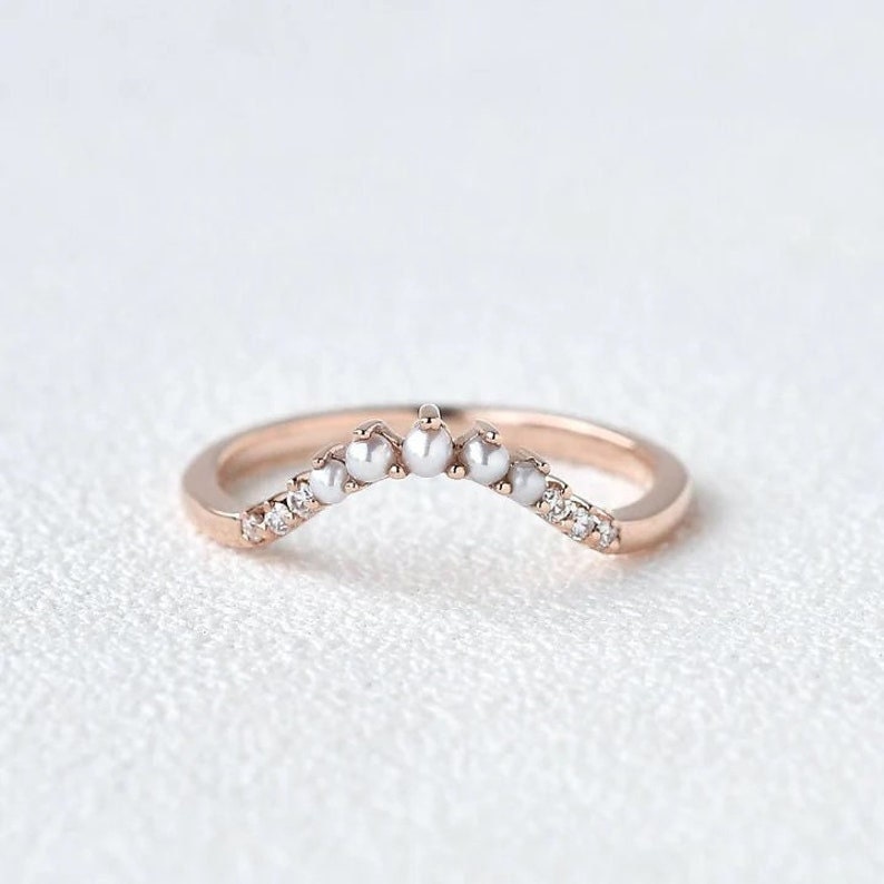 Natural Pearl Curved Stacking Ring, 14K gold vermeil U Shaped Pave cubic zirconia Band, 14K vermeil engagement ring, Gift For her