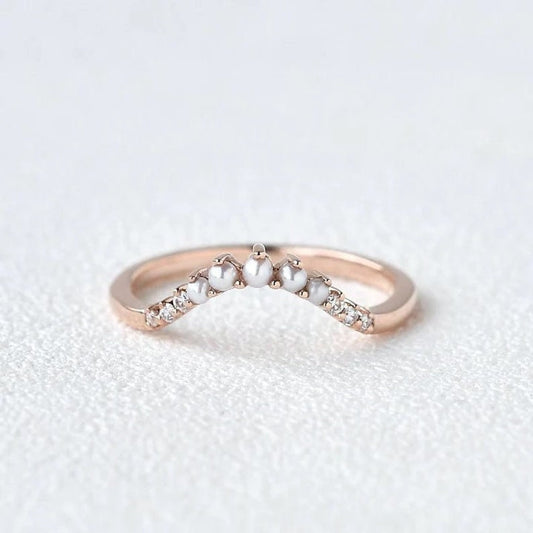 Natural Pearl Curved Stacking Ring, 14K gold vermeil U Shaped Pave cubic zirconia Band, 14K vermeil engagement ring, Gift For her