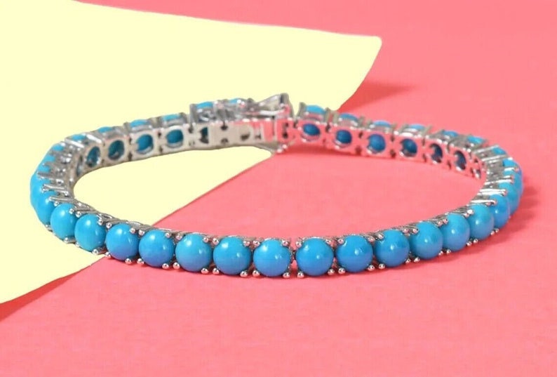 Sterling Silver Turquoise Tennis Bracelet: Handmade Art Deco Gemstone Bracelet