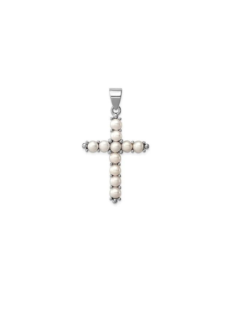 AAA White Pearl 14K White Gold Cross Pendant Necklace