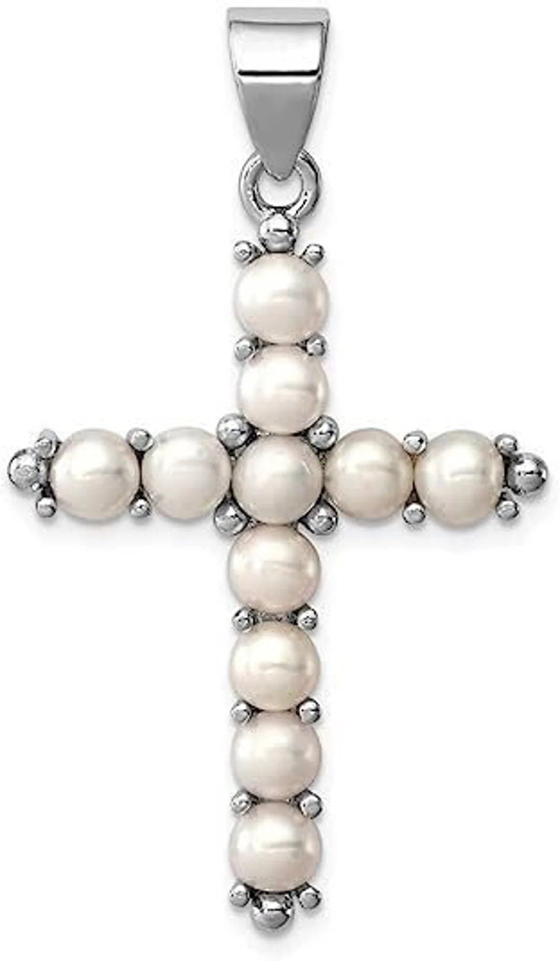AAA White Pearl 14K White Gold Cross Pendant Necklace