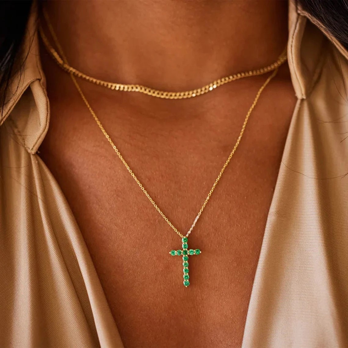 Natural Emerald Gemstone Solid 14k Gold Handmade Pendant/ Emerald cross necklace /Birthday /Christmas/Engagement/Gift For Anniversary