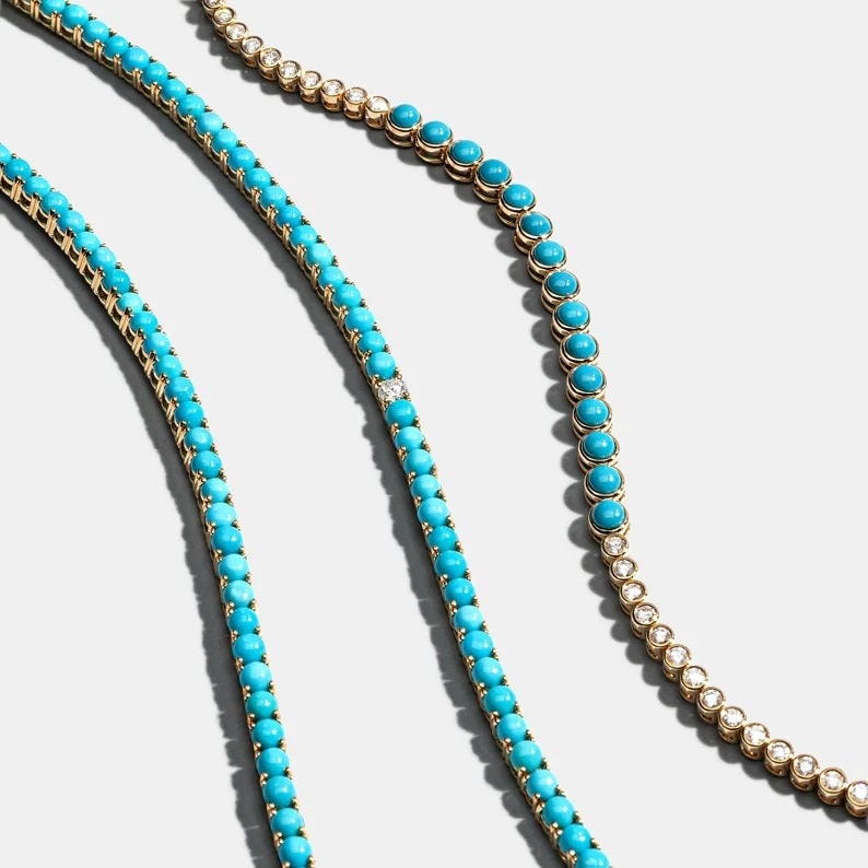 14K Gold Turquoise Tennis Bracelet with Diamonds | Vintage Art Deco Style