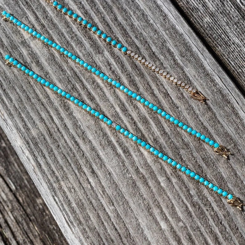 14K Gold Turquoise Tennis Bracelet with Diamonds | Vintage Art Deco Style