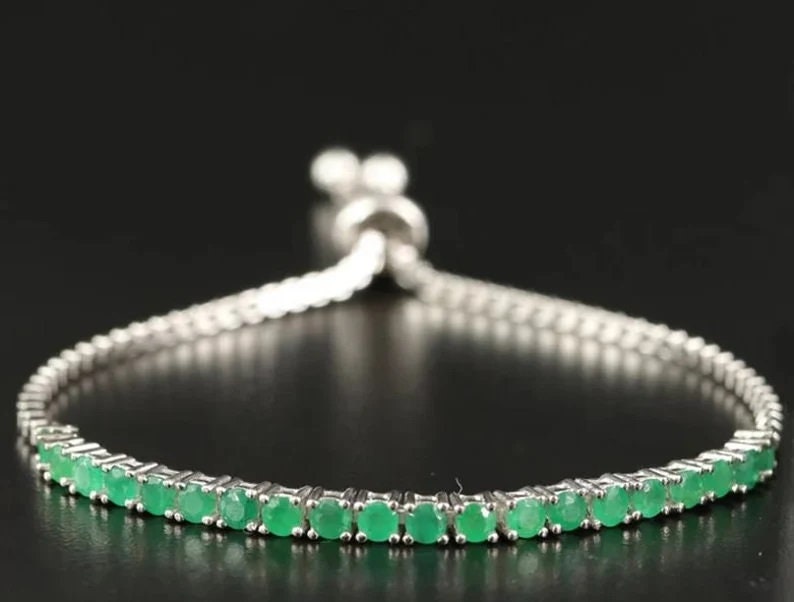 Emerald Chain Link Bracelet with Tennis Beaded Charms - Gift for Wife