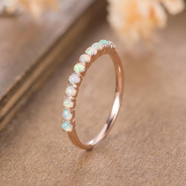 opal wedding band, fire opal ring, opal eternity band, october birthstone, anniversary gift for women, matching band,  opal promise band