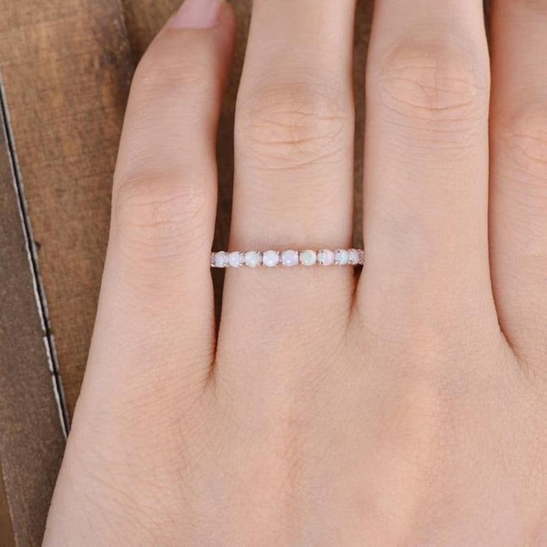 opal wedding band, fire opal ring, opal eternity band, october birthstone, anniversary gift for women, matching band,  opal promise band