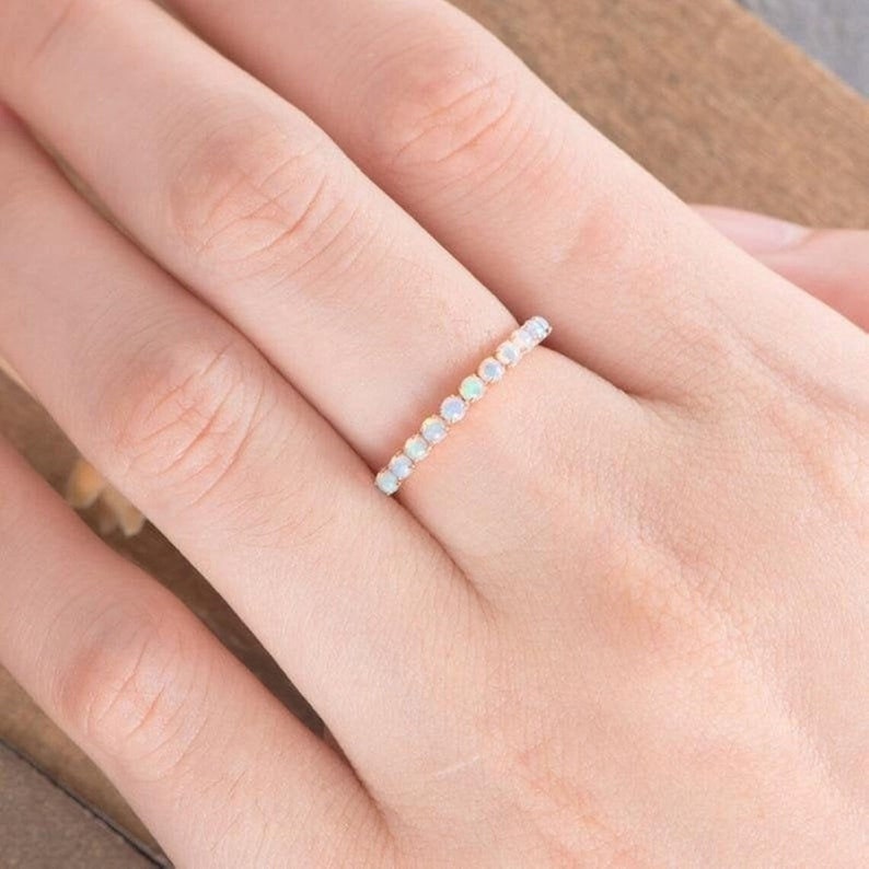 opal wedding band, fire opal ring, opal eternity band, october birthstone, anniversary gift for women, matching band,  opal promise band