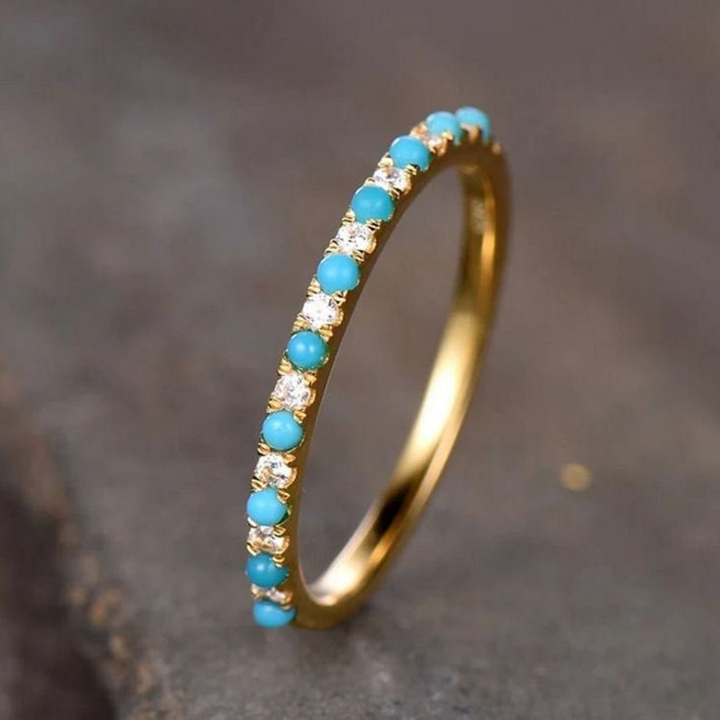 Turquoise & Diamond Full Micro Pavé 14K Solid Gold Eternity Band Ring Real Turquoise Diamonds Stackable Dainty Stacking Band Stack Ring