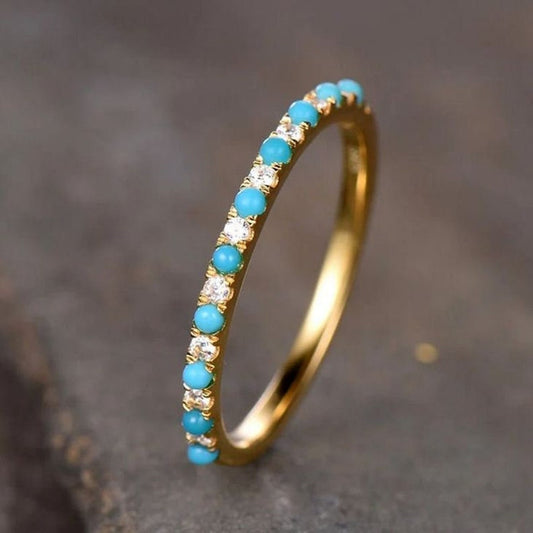 Turquoise & Diamond Full Micro Pavé 14K Solid Gold Eternity Band Ring Real Turquoise Diamonds Stackable Dainty Stacking Band Stack Ring