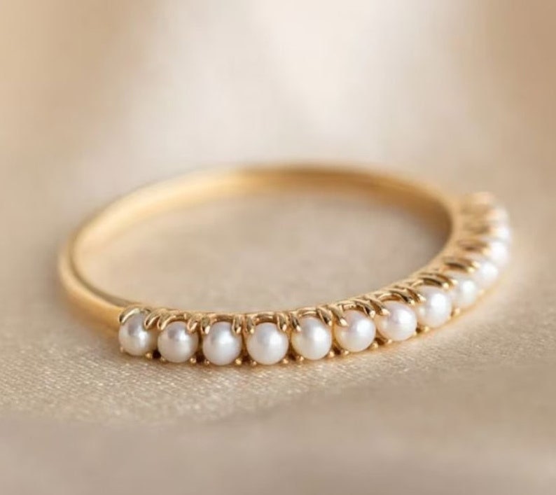 Elegant 14k Gold Pearl Ring - Perfect Christmas Gift for Mom - Timeless Pearl Stacking Band - \Delicate Pearl Eternity Band Ring