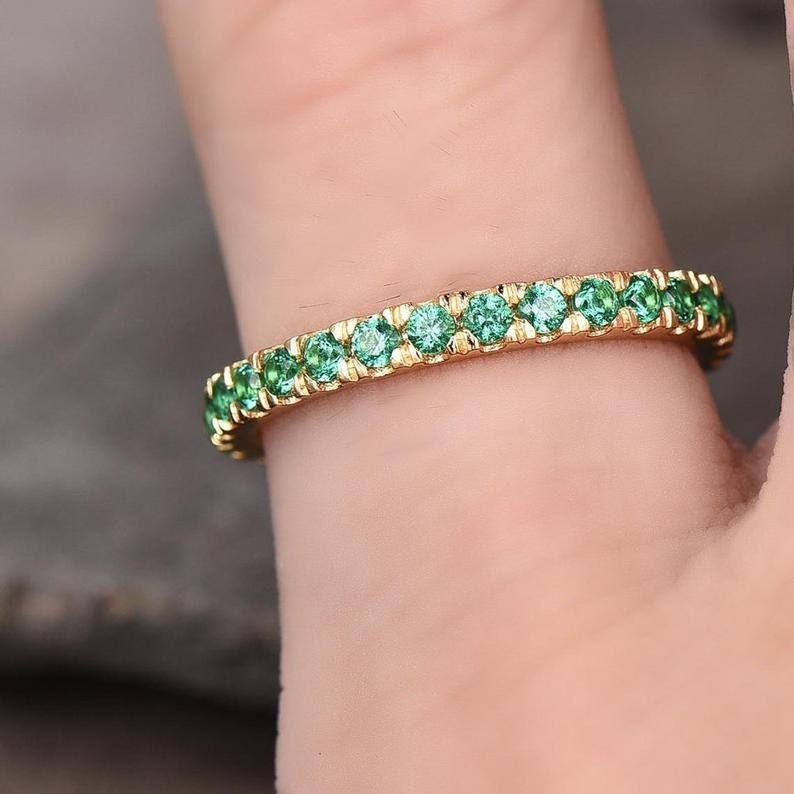 Emerald Eternity Band: Yellow Gold Stacking Ring, May Birthstone