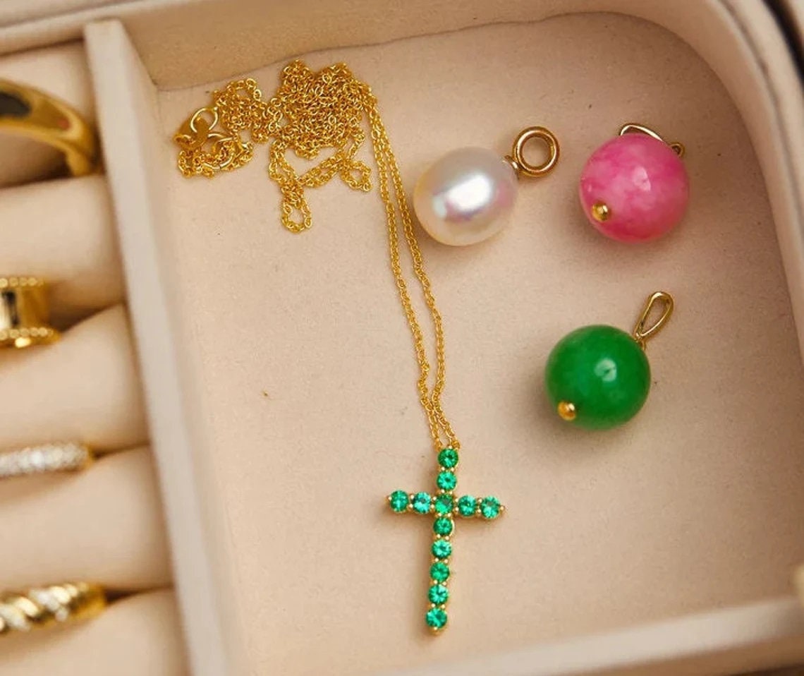 Natural Emerald Gemstone Solid 14k Gold Handmade Pendant/ Emerald cross necklace /Birthday /Christmas/Engagement/Gift For Anniversary