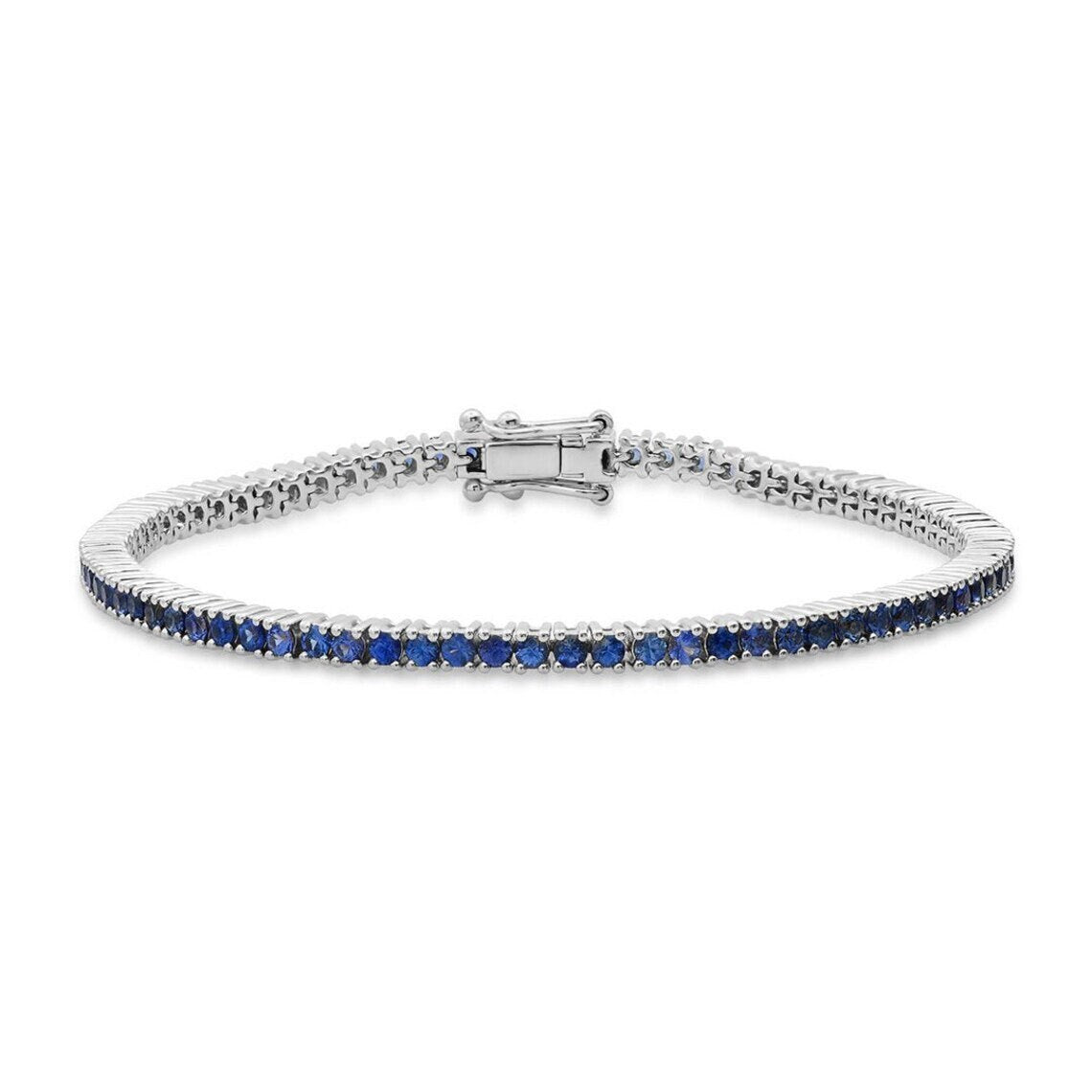 Gemstone Classic Tennis Bracelets | Round natural blue sapphire tennis bracelet gold | Art Deco bracelet gold Plated Bracelet