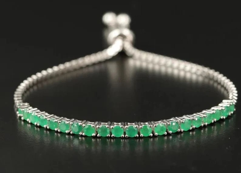 Emerald Chain Link Bracelet with Tennis Beaded Charms - Gift for Wife