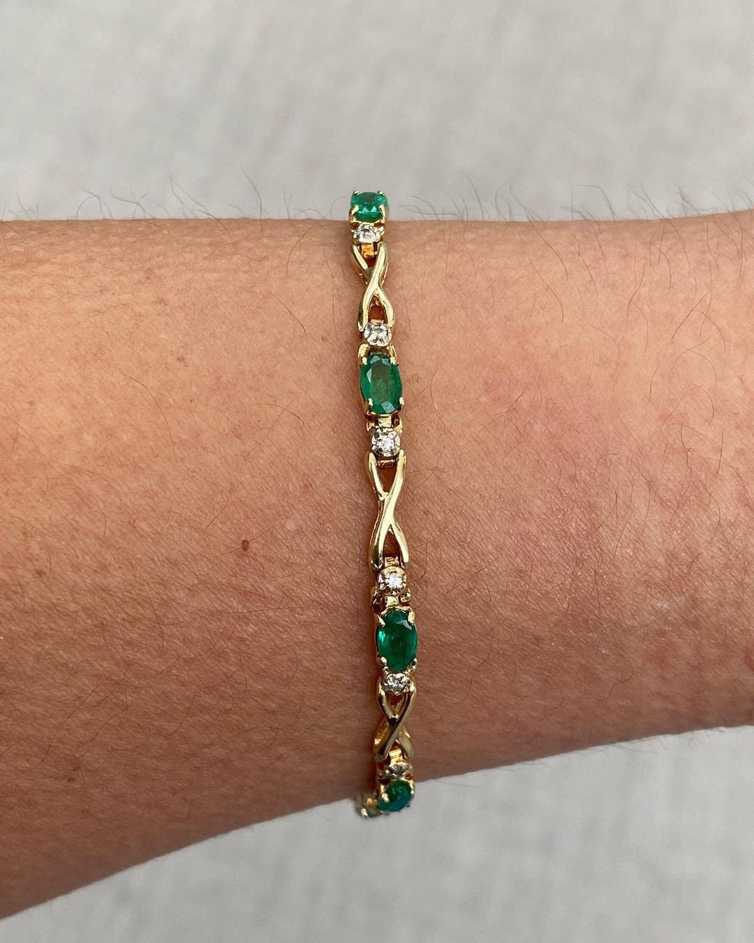 Tennis Bracelet 3x5mm Oval Cut Emerald Gemstone Bracelet, Solid 14k Yellow Gold Emerald Sapphire Tennis Bracelet, Prong Set Tennis Bracelet