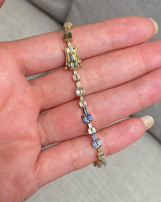 Multi Sapphire Baguette Tennis Bracelet: Sterling Silver, 10k/14k Gold