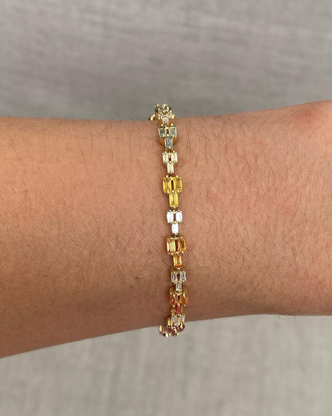 Multi Sapphire Baguette Tennis Bracelet: Sterling Silver, 10k/14k Gold