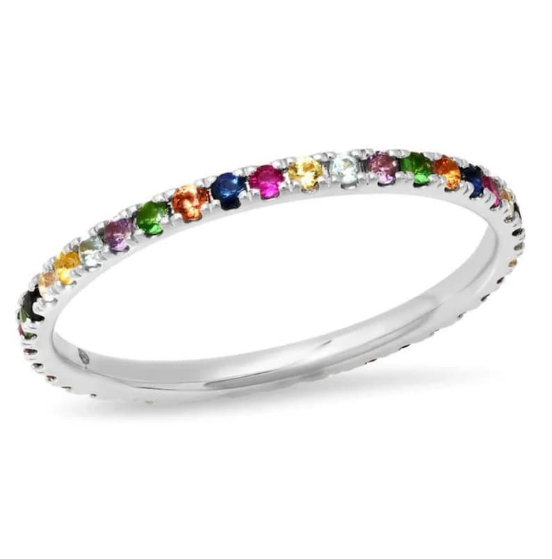 Rainbow Gemstone Eternity Band, 14k Gold Sapphire Ruby Amethyst, Full Eternity Stacking Band, Delicate Bridal Band, Multi pave silver ring,