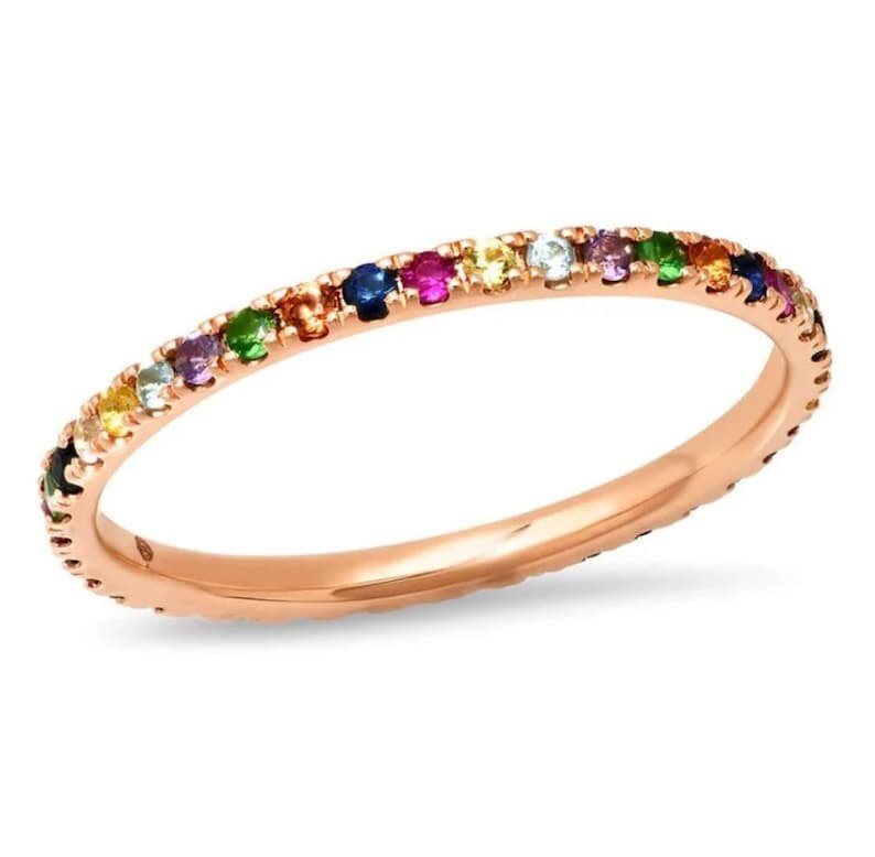 Rainbow Gemstone Eternity Band, 14k Gold Sapphire Ruby Amethyst, Full Eternity Stacking Band, Delicate Bridal Band, Multi pave silver ring,