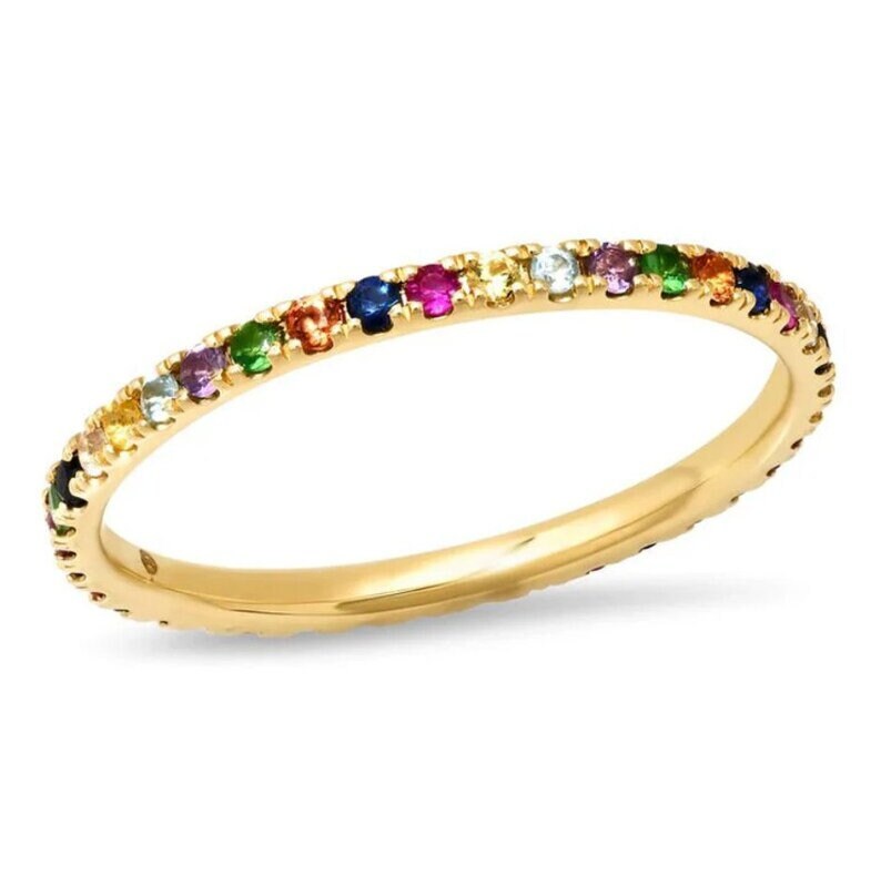 Rainbow Gemstone Eternity Band, 14k Gold Sapphire Ruby Amethyst, Full Eternity Stacking Band, Delicate Bridal Band, Multi pave silver ring,
