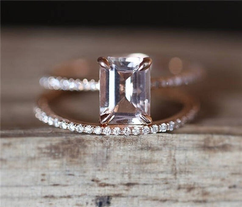 Emerald Cut Morganite Solitaire With Accent Wedding Engagement Bridal Set Ring For Women 14k Rose Gold Finish, 925 Sterling Silver