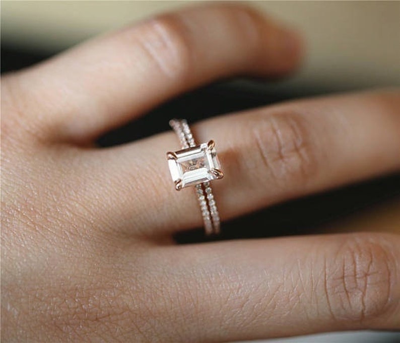 Emerald Cut Morganite Solitaire With Accent Wedding Engagement Bridal Set Ring For Women 14k Rose Gold Finish, 925 Sterling Silver