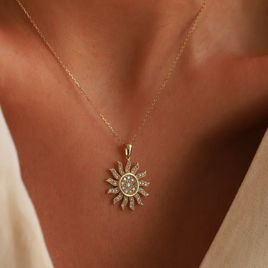 Sun Pendant 14k Vermeil gold, Diamond Sun Pendant with Adjustable Chain, Sun Diamond Necklace, Minimalist Jewelry, Gold Necklace For women