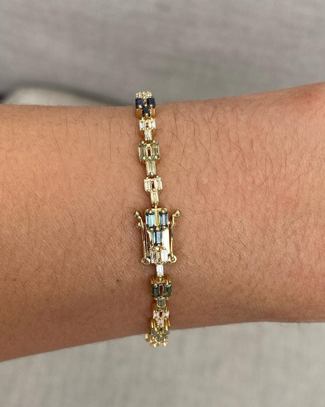 Multi Sapphire Baguette Tennis Bracelet: Sterling Silver, 10k/14k Gold