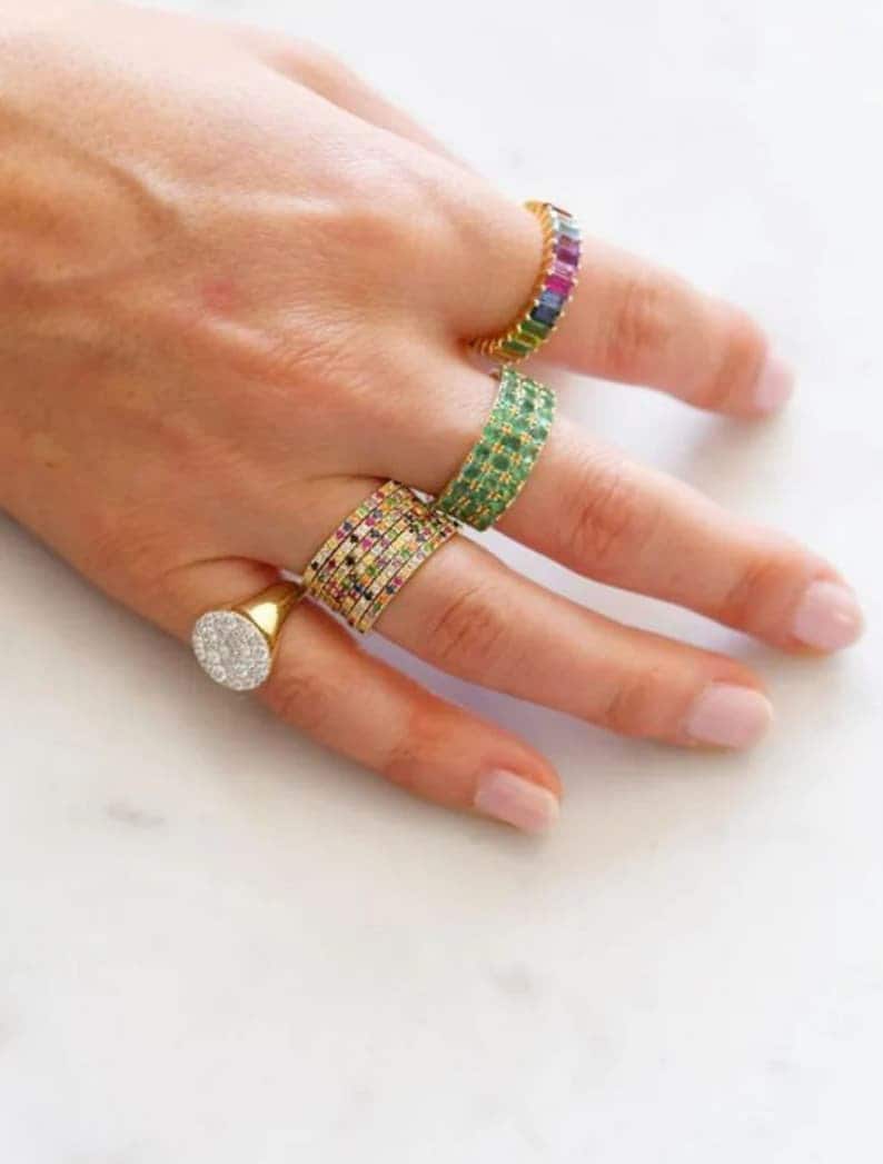 Rainbow Gemstone Eternity Band, 14k Gold Sapphire Ruby Amethyst, Full Eternity Stacking Band, Delicate Bridal Band, Multi pave silver ring,