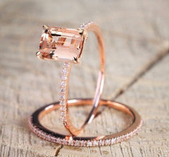 Emerald Cut Morganite Engagement Ring | Bridal Set for Women