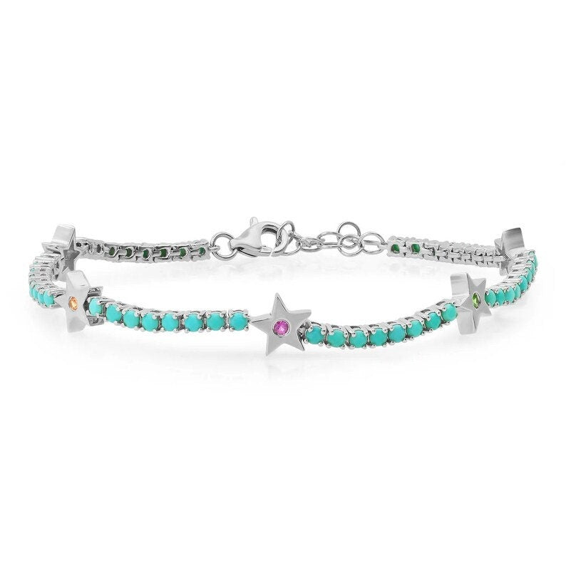 Sleeping Beauty Turquoise Star Bracelet - Sterling Silver Diamond December Birthstone Gift