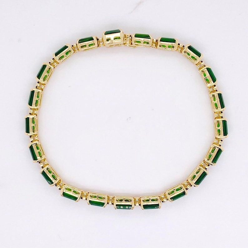 Octogan Cut Emerald and Diamond Tennis Bracelet 6x4mm  Gemstone Bracelet, Yellow Gold Emerald Tennis Bracelet, Prong Set Tennis Bracelet