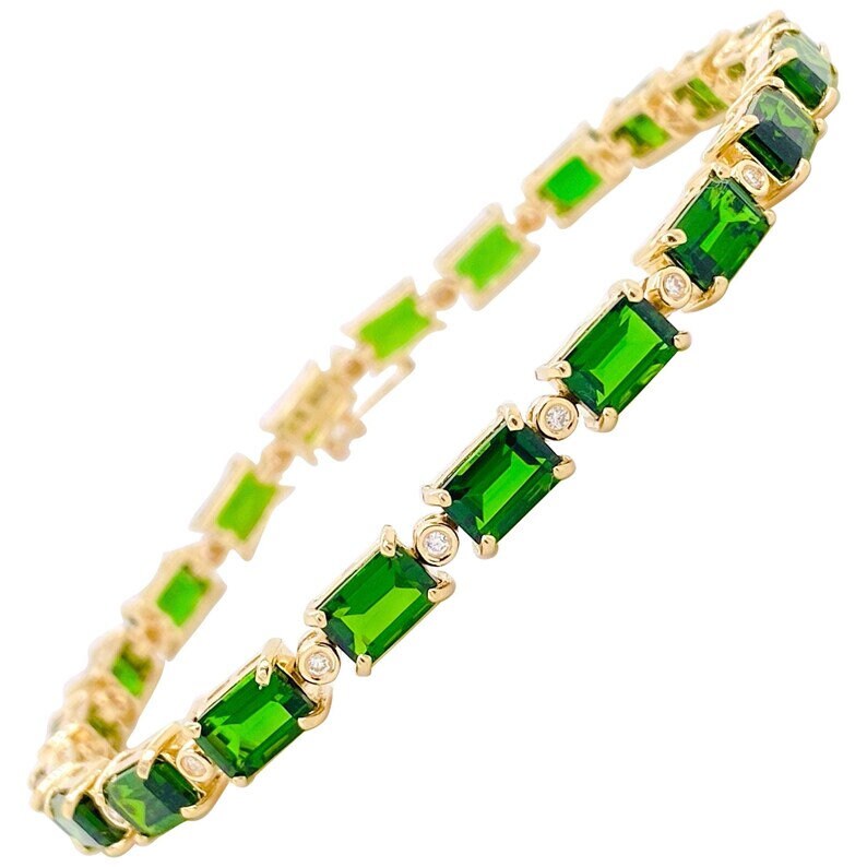Octogan Cut Emerald and Diamond Tennis Bracelet 6x4mm  Gemstone Bracelet, Yellow Gold Emerald Tennis Bracelet, Prong Set Tennis Bracelet