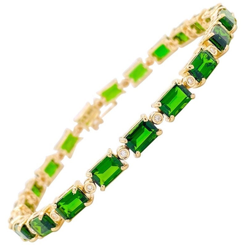 Octogan Cut Emerald and Diamond Tennis Bracelet 6x4mm  Gemstone Bracelet, Yellow Gold Emerald Tennis Bracelet, Prong Set Tennis Bracelet