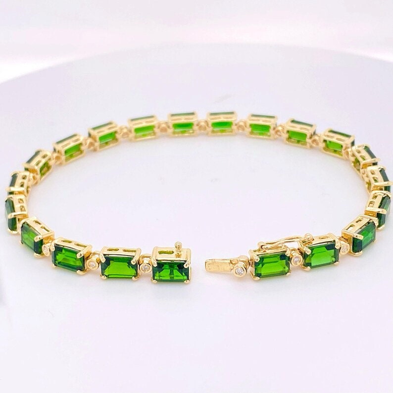 Octogan Cut Emerald and Diamond Tennis Bracelet 6x4mm  Gemstone Bracelet, Yellow Gold Emerald Tennis Bracelet, Prong Set Tennis Bracelet