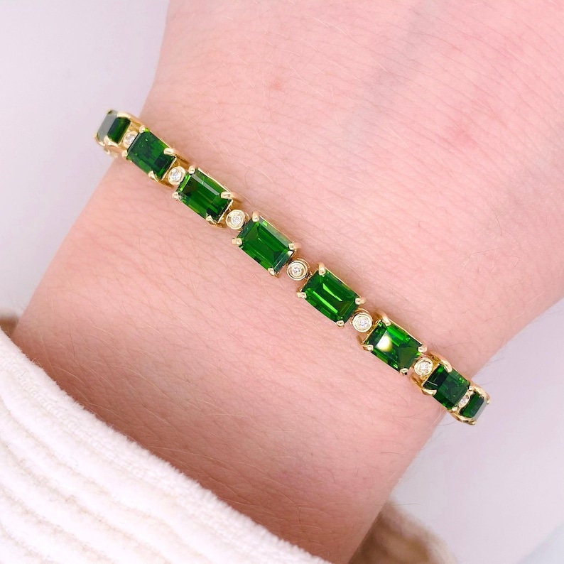 Octogan Cut Emerald and Diamond Tennis Bracelet 6x4mm  Gemstone Bracelet, Yellow Gold Emerald Tennis Bracelet, Prong Set Tennis Bracelet