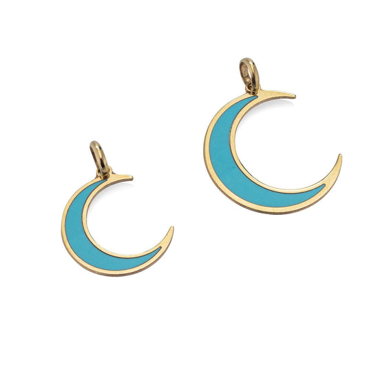 14K Solid Gold Turquoise Enamel, Moon Pendant White enamel, Blue Enamel, Red Enamel, Diamonds, Moon, Moon Charm Pendants, Diamond Pendant
