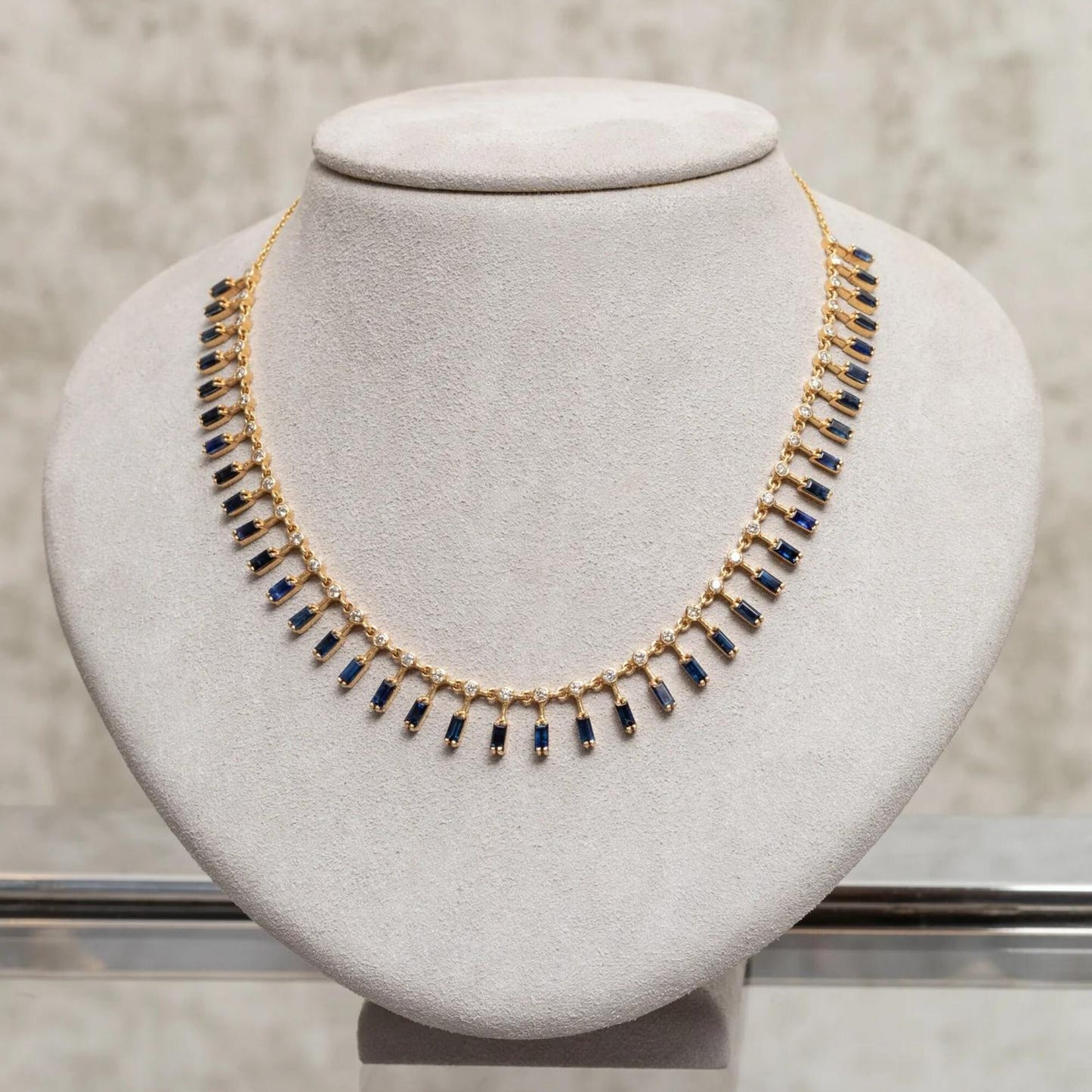 Blue Sapphire Baguette Necklace: Sterling Silver Choker