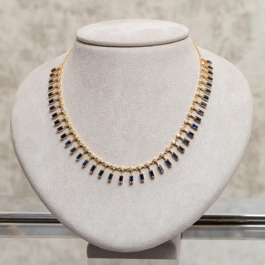 Blue Sapphire Baguette Necklace: Sterling Silver Choker