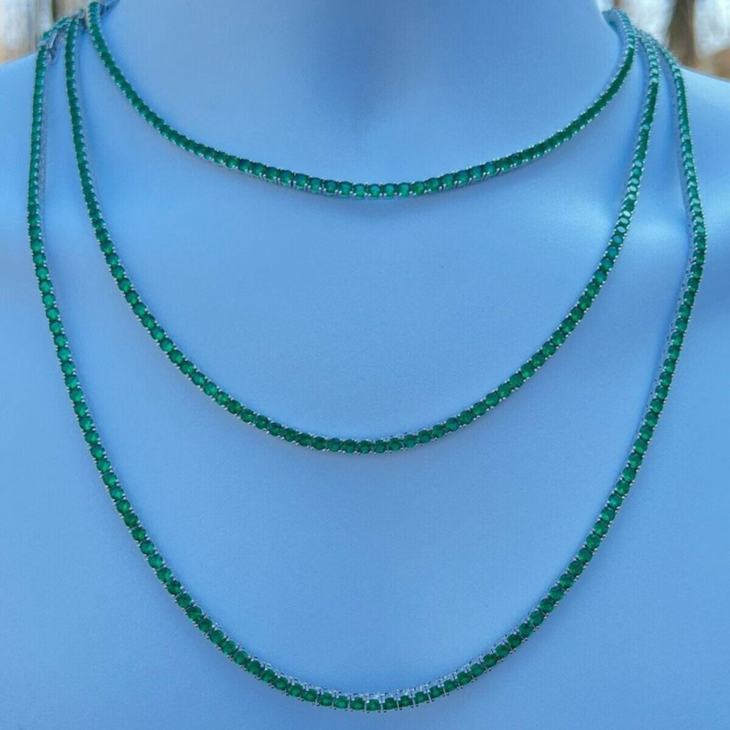 Silver Emerald Tennis Baguette Necklace, Emerald Green Choker, Waterproof Jewelry, Gemstone Zircon Necklace, Tennis Choker Neckloace
