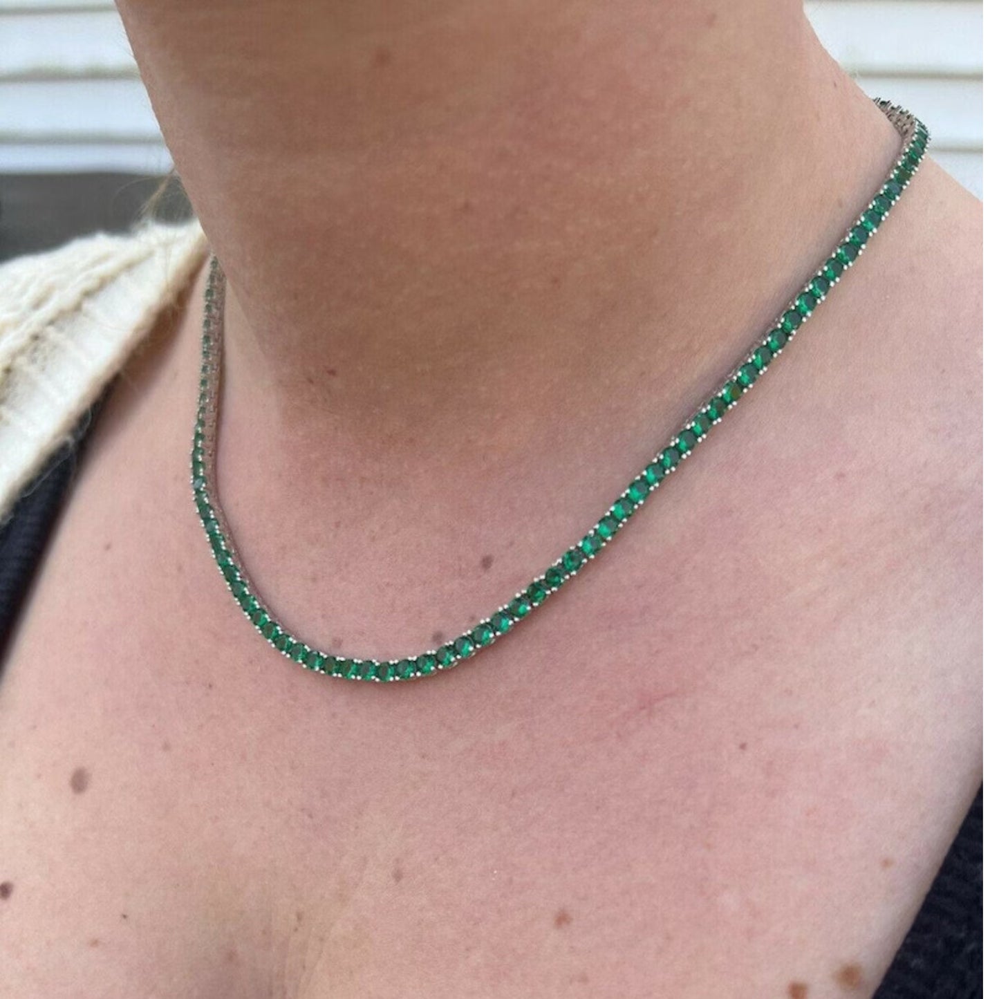 Silver Emerald Tennis Baguette Necklace, Emerald Green Choker, Waterproof Jewelry, Gemstone Zircon Necklace, Tennis Choker Neckloace