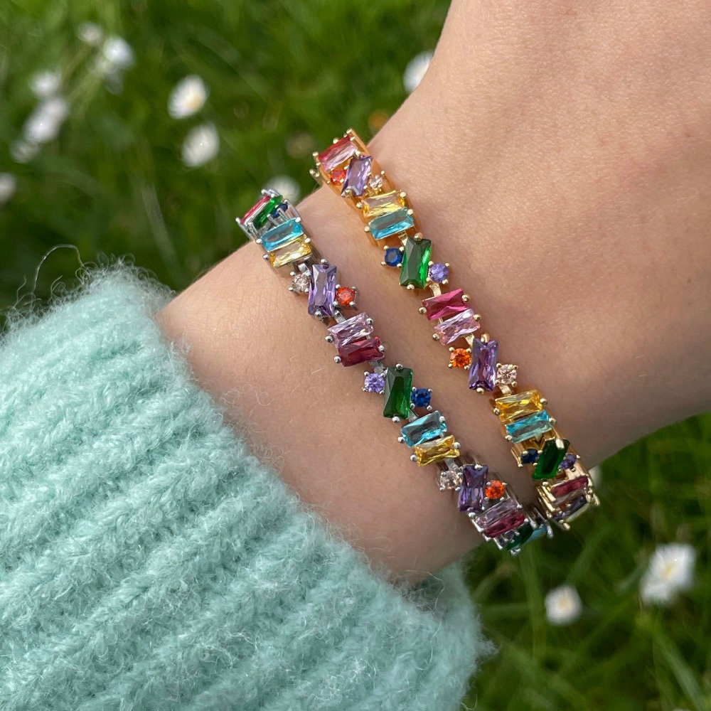 Rainbow Gemstone Tennis Bracelet: Baguette Sterling Silver