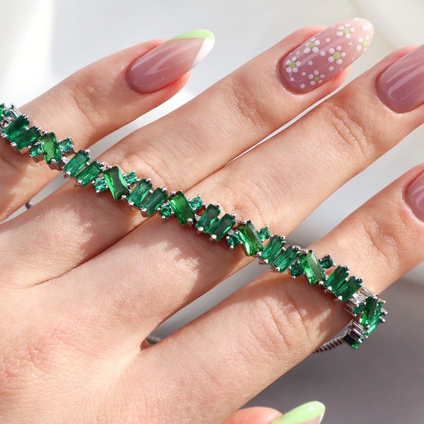 Bolo Adjustable Bracelet, Baguette Cut Emerald bracelet, Elegant May Birthstone Adjustable Bolo Bracelet for Women with Ball Clasp