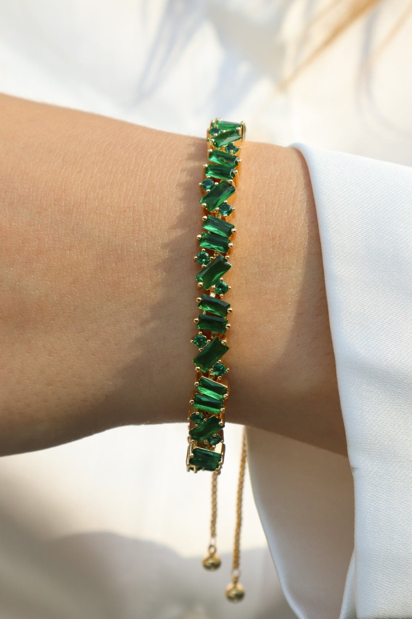Bolo Adjustable Bracelet, Baguette Cut Emerald bracelet, Elegant May Birthstone Adjustable Bolo Bracelet for Women with Ball Clasp